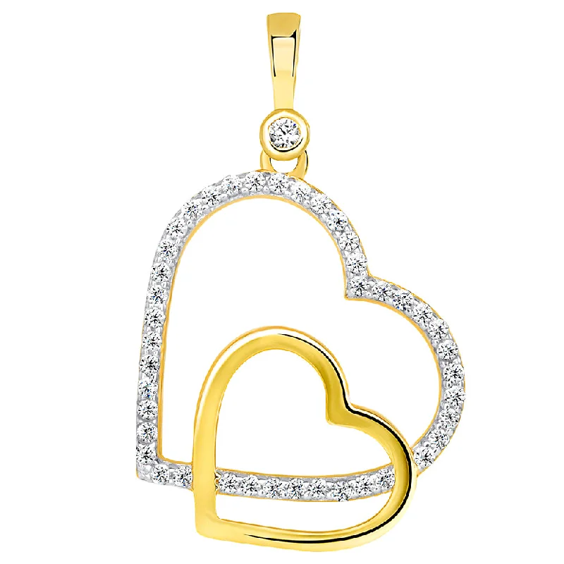 14k Gold Cubic Zirconia Double Heart Charm Pendant