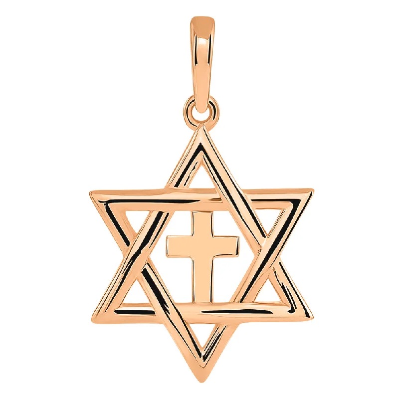 14k Rose Gold Jewish Star of David with Religious Cross Judeo Christian Pendant (Small)