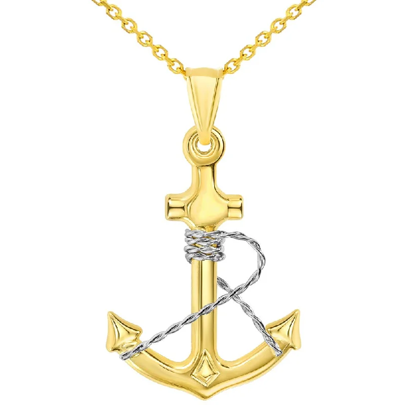 14k Two-Tone Gold 3D Anchor with Rope Pendant Necklace