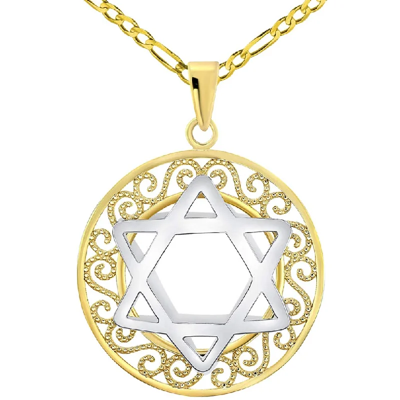 14k Two-Tone Gold 3D Filigree Jewish Star of David Medallion Pendant with Figaro Chain Necklace