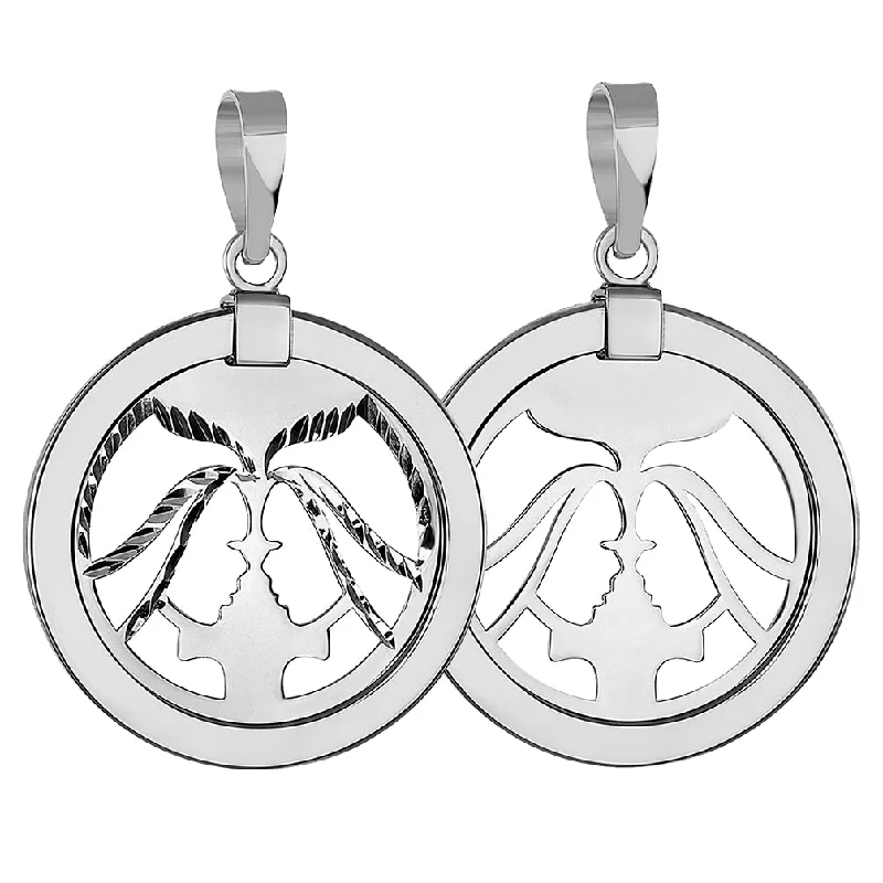 14k White Gold Round Gemini Twins Zodiac Sign Medallion Pendant (Reversible)