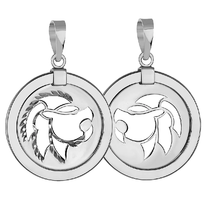 14k White Gold Round Leo Zodiac Sign Lion Animal Medallion Pendant (Reversible)