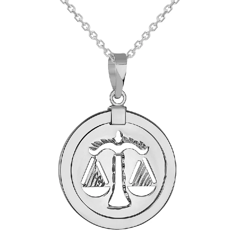 14k White Gold Round Libra Zodiac Sign Scale Medallion Pendant Necklace (Reversible)