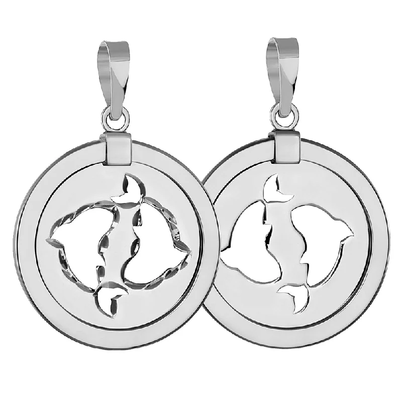 14k White Gold Round Pisces Zodiac Sign Fish Animal Medallion Pendant (Reversible)