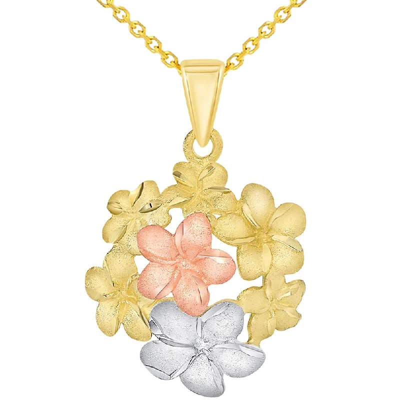 14k Yellow and Rose Gold Bouquet of Tri-Tone Hawaiian Plumeria Flower Pendant Necklace