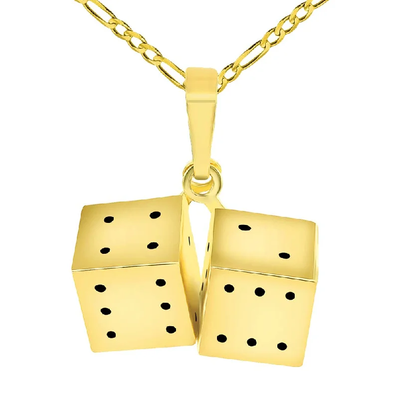 14k Yellow Gold 3D Set of Classic Dice Charm Good Luck Pendant with Figaro Chain Necklace