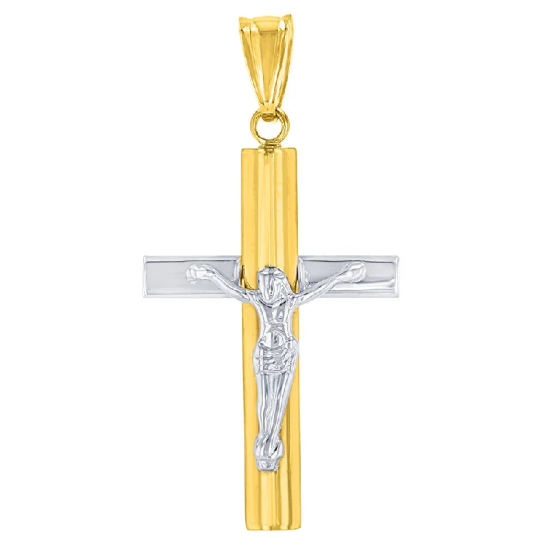 14K Yellow Gold & White Gold Religious Cross Crucifix with Jesus Christ Pendant