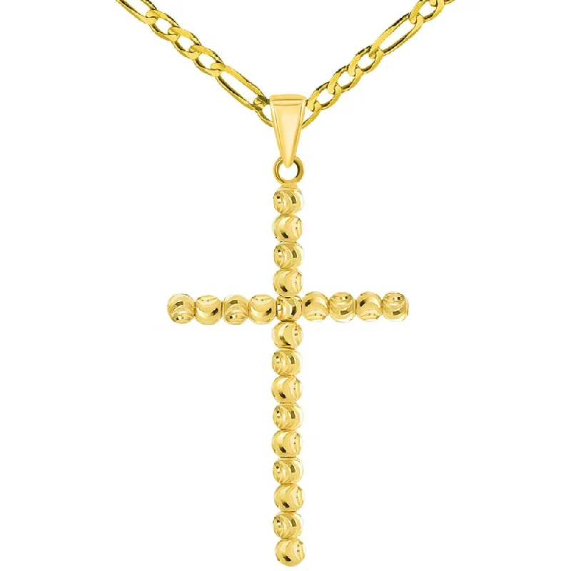 14k Yellow Gold Beaded Moon-Cut Religious Cross Pendant with Figaro Chain Necklace