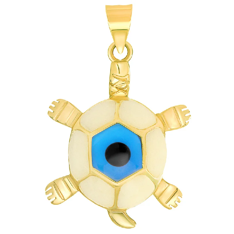 14k Yellow Gold Blue Evil Eye Turtle Pendant