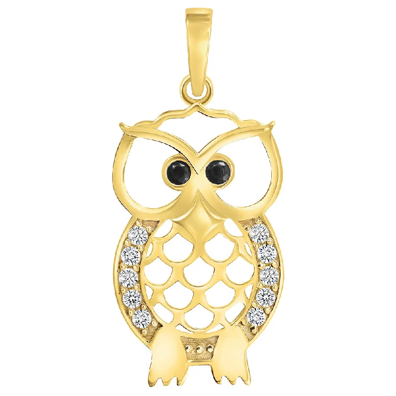 14k Yellow Gold Cubic-Zirconia Open Big Eyes Owl Animal Pendant