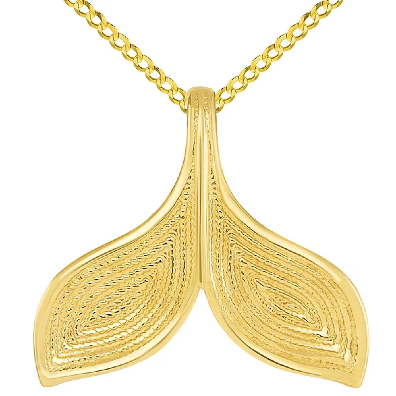 14k Yellow Gold Elegant Reversible Whale Tail Charm Pendant with Curb Chain Necklace