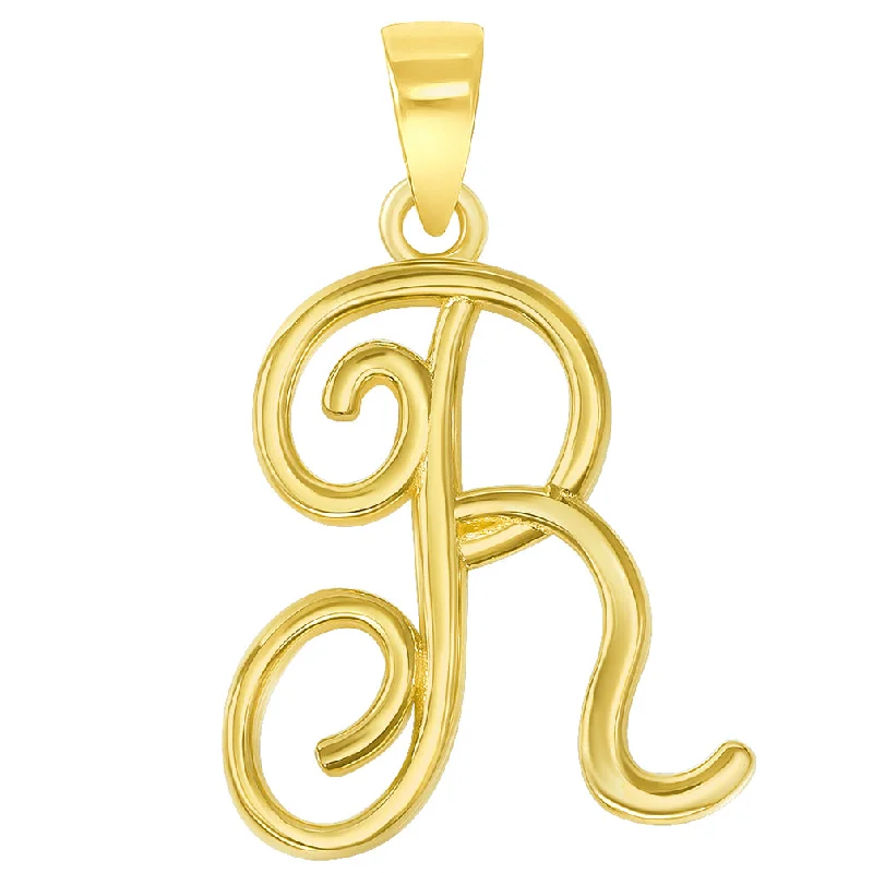 14k Yellow Gold Elegant Script Letter R Cursive Initial Pendant