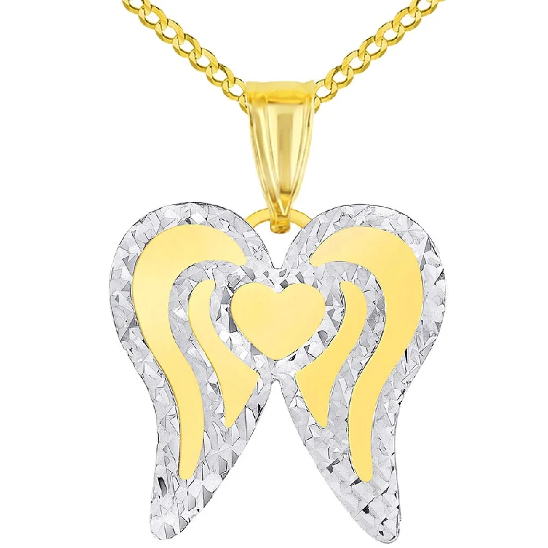 14k Yellow Gold Engravable Personalized Heart with Angel Wings Pendant Curb Chain Necklace