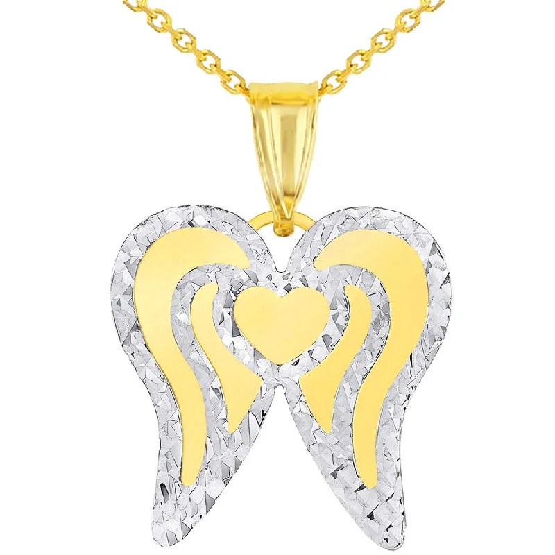 14k Yellow Gold Engravable Personalized Heart with Angel Wings Pendant Necklace