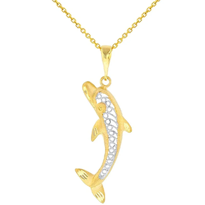 14K Yellow Gold Filigree Jumping Dolphin Charm Animal Pendant Necklace