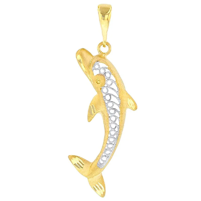 14K Yellow Gold Filigree Jumping Dolphin Charm Animal Pendant