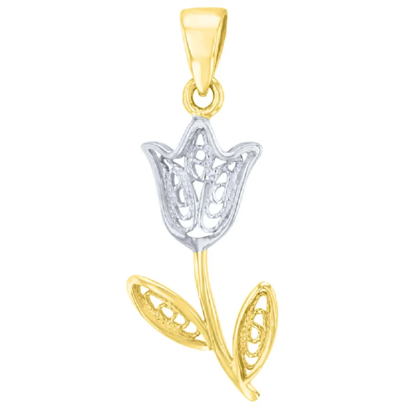 14k Yellow Gold Filigree Tulip Two Tone Flower Pendant