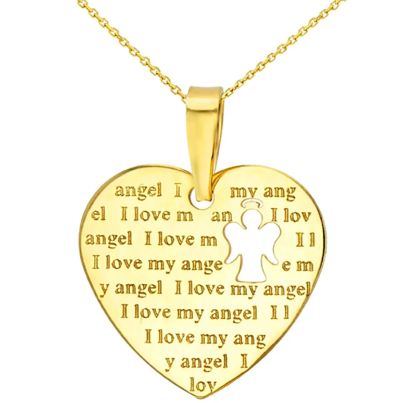 14K Yellow Gold Heart Charm with I Love My Angel Script Pendant Necklace