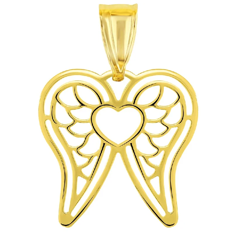 14k Yellow Gold Heart with Angel Wings Pendant