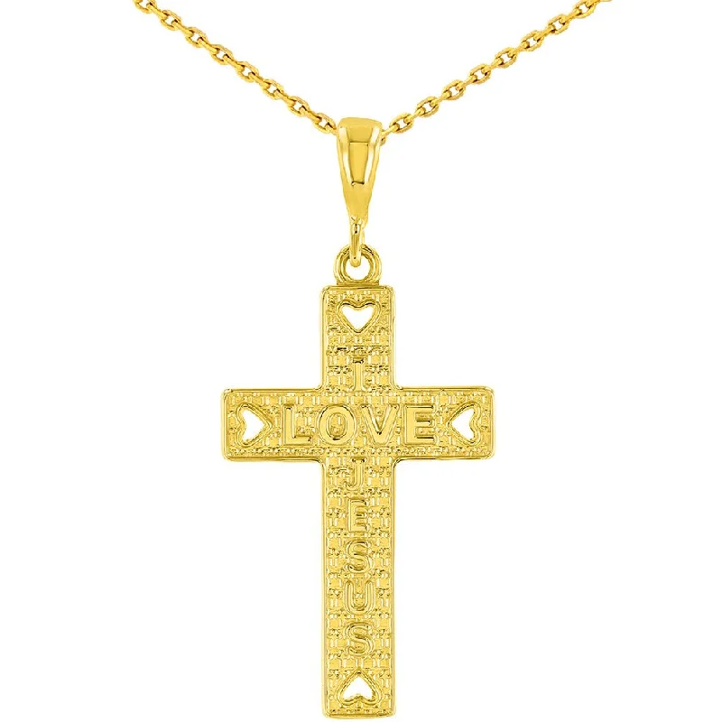 14K Yellow Gold I Love Jesus Cross Charm Pendant Necklace