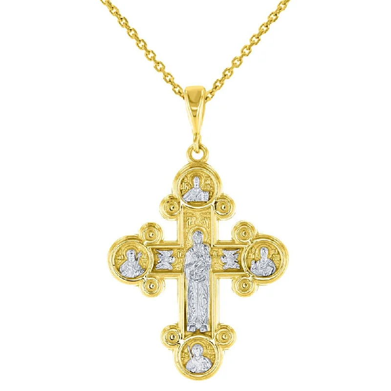 14K Yellow Gold Mother of God Virgin Mary with Jesus & Saints Cross Pendant Necklace