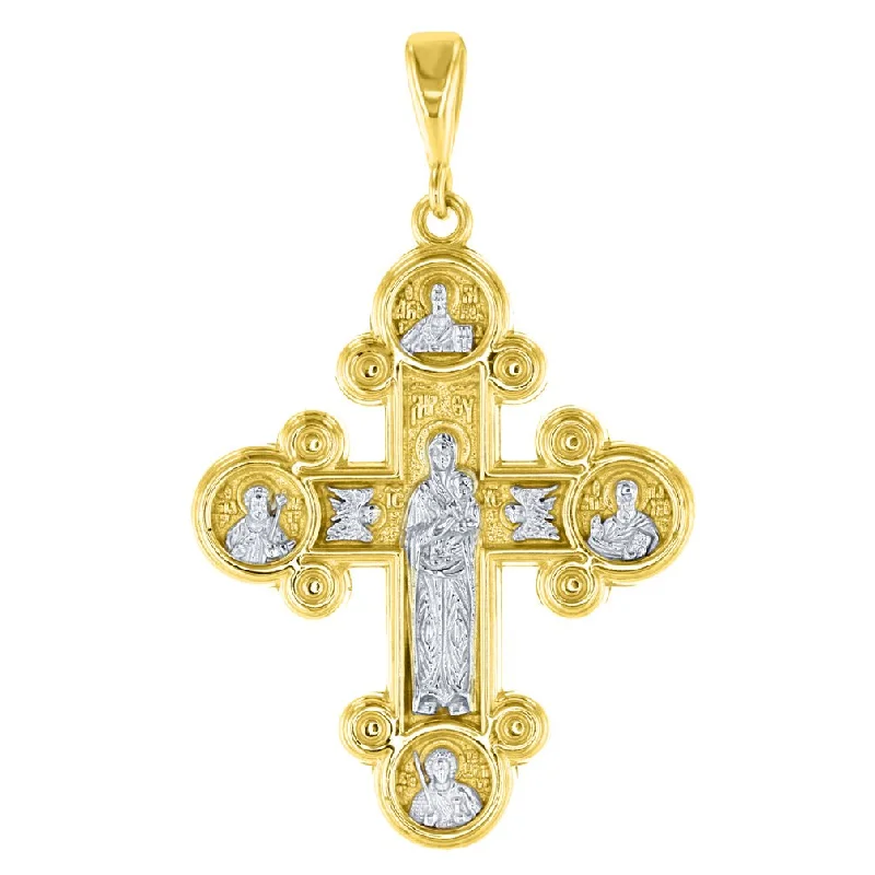 14K Yellow Gold Mother of God Virgin Mary with Jesus & Saints Orthodox Cross Pendant