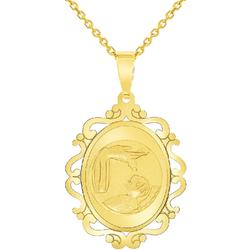 14k Yellow Gold Religious Baptism Christening On Elegant Ornate Medal Pendant Necklace