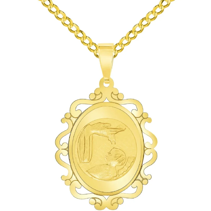 14k Yellow Gold Religious Baptism Christening On Elegant Ornate Medal Pendant with Cuban Chain Curb Necklace