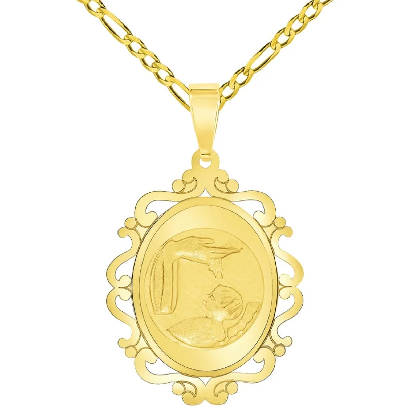 14k Yellow Gold Religious Baptism Christening On Elegant Ornate Medal Pendant with Figaro Chain Necklace