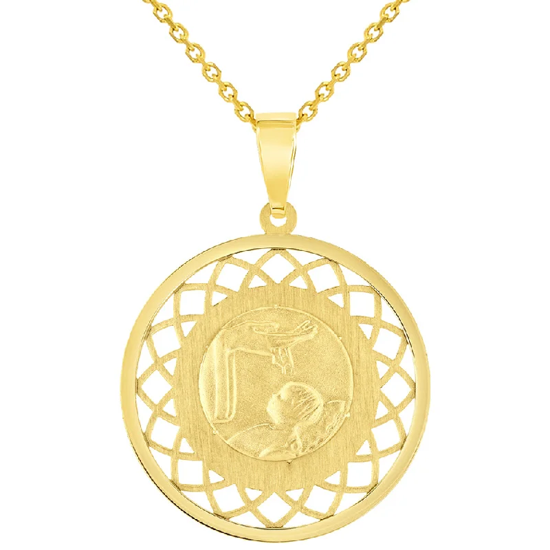 14k Yellow Gold Religious Baptism Christening On Round Open Ornate Medal Pendant Necklace