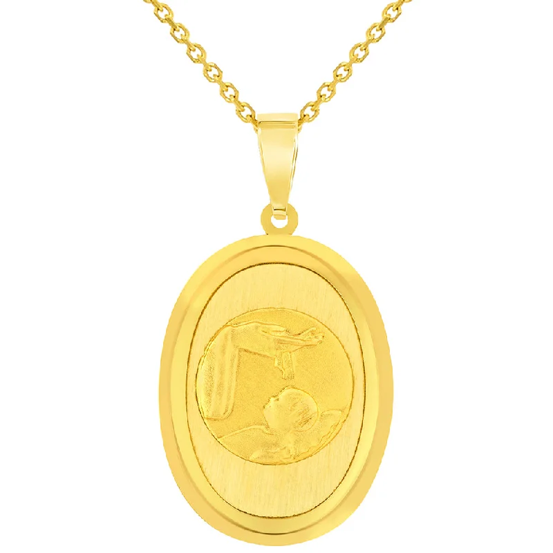 14k Yellow Gold Religious Baptism Christening Oval Medal Pendant Necklace