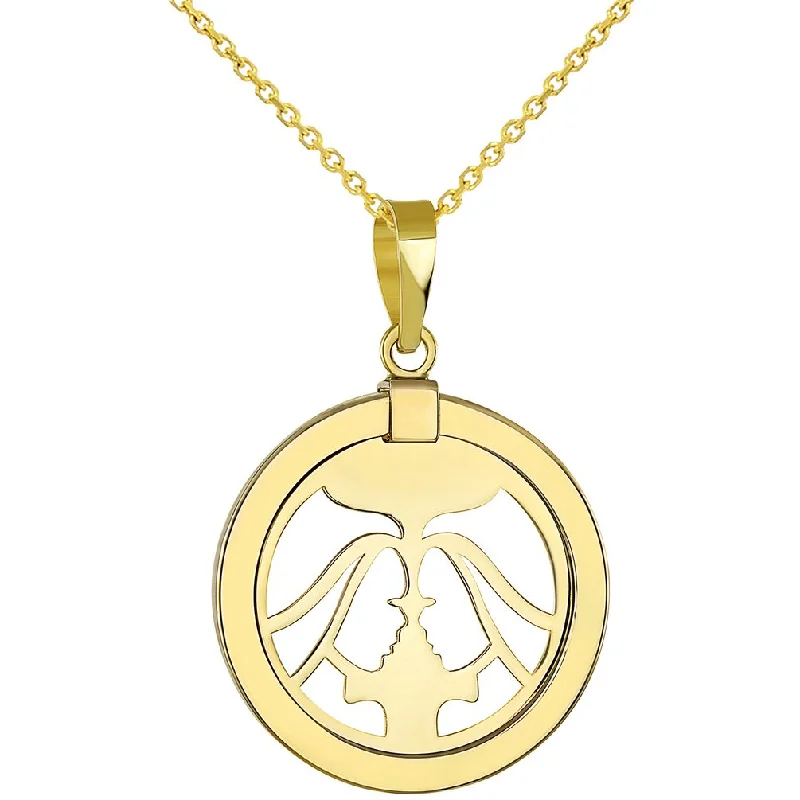 14K Yellow Gold Reversible Round Gemini Twins Zodiac Sign Pendant with Chain Necklace