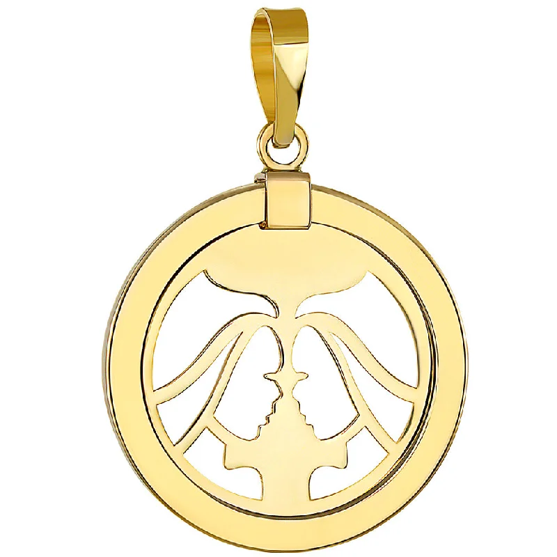 14K Yellow Gold Reversible Round Gemini Twins Zodiac Sign Pendant