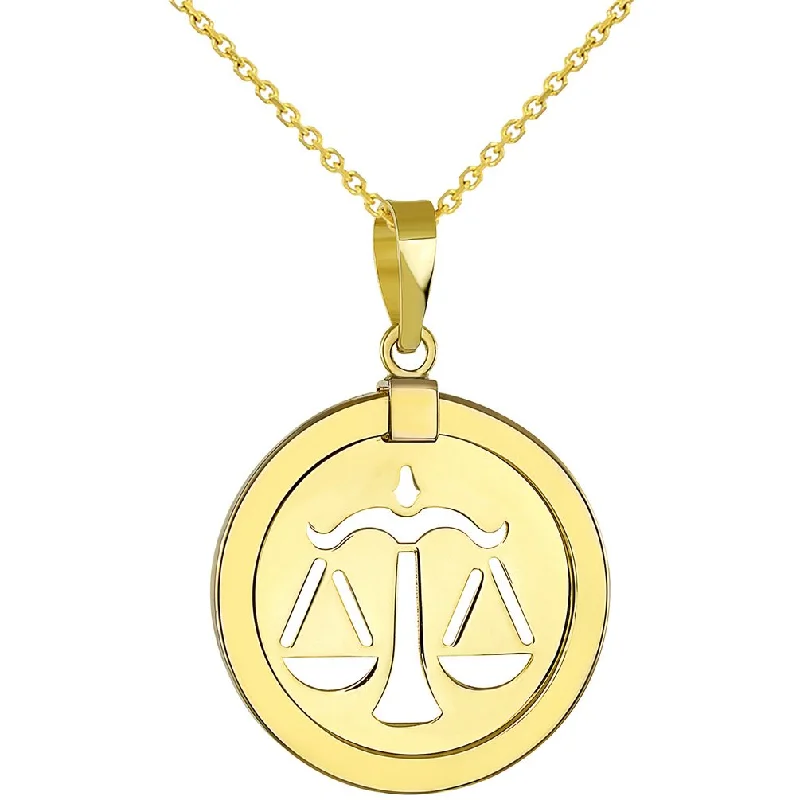 14K Yellow Gold Reversible Round Libra Scale Zodiac Sign Pendant Necklace