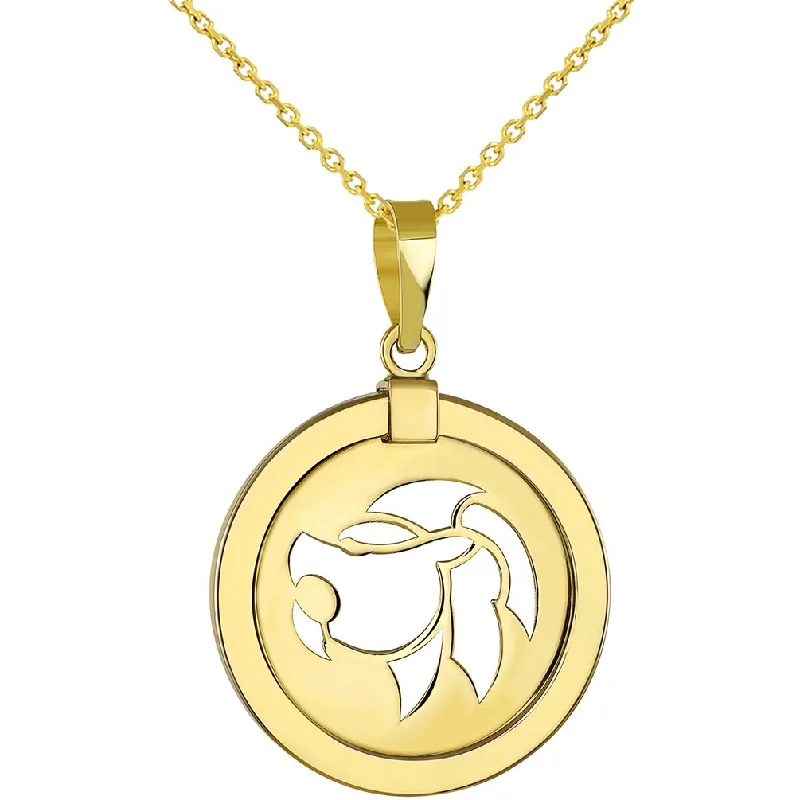 14K Yellow Gold Reversible Round Lion Leo Zodiac Sign Pendant Necklace