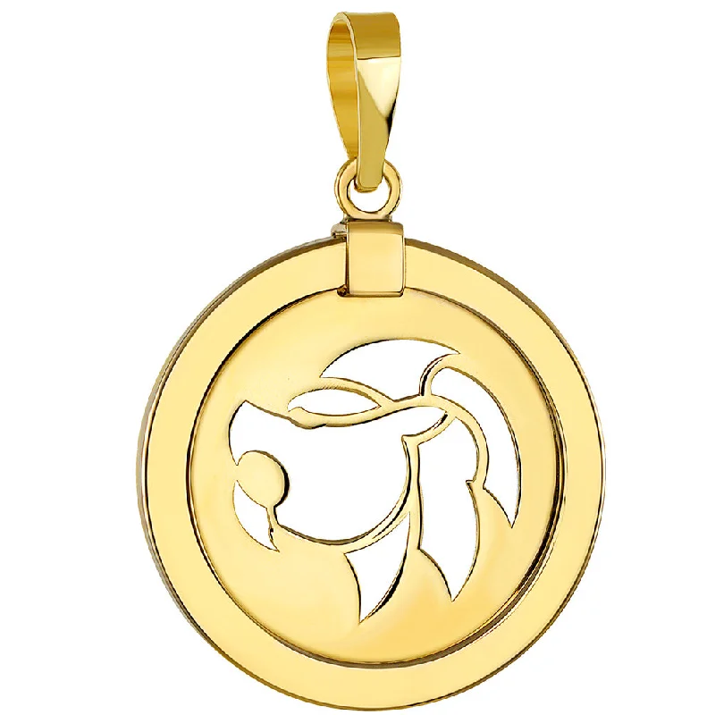 14K Yellow Gold Reversible Round Lion Leo Zodiac Sign Pendant