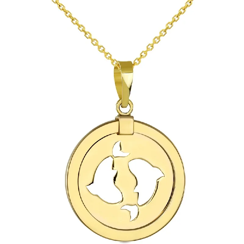 14K Yellow Gold Reversible Round Pisces Zodiac Sign Pendant Necklace