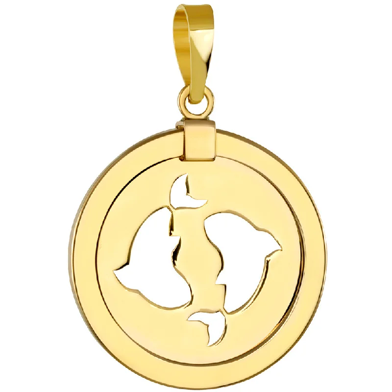 14K Yellow Gold Reversible Round Pisces Zodiac Sign Pendant