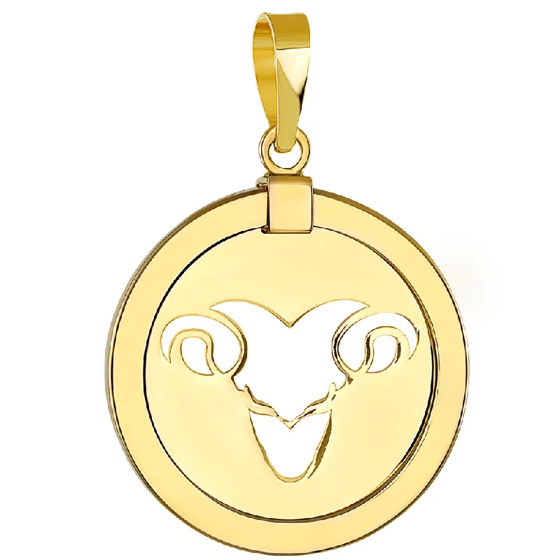 14K Yellow Gold Reversible Round Ram Aries Zodiac Sign Pendant