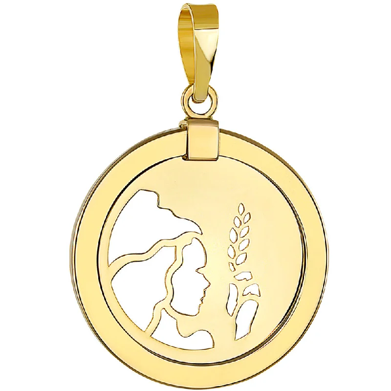 14K Yellow Gold Reversible Round Virgo Zodiac Sign Pendant