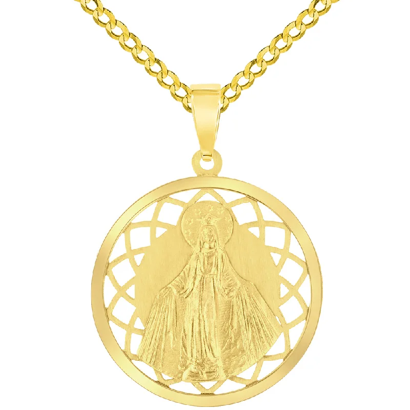 14k Yellow Gold Round Open Ornate Miraculous Medal of Virgin Mary Pendant with Cuban Chain Curb Necklace