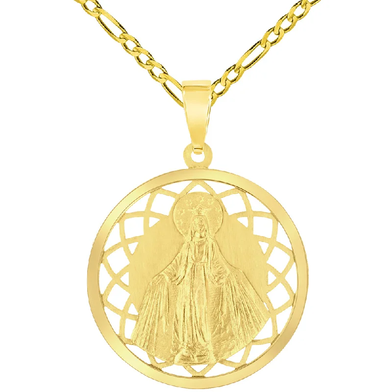 14k Yellow Gold Round Open Ornate Miraculous Medal of Virgin Mary Pendant with Figaro Chain Necklace