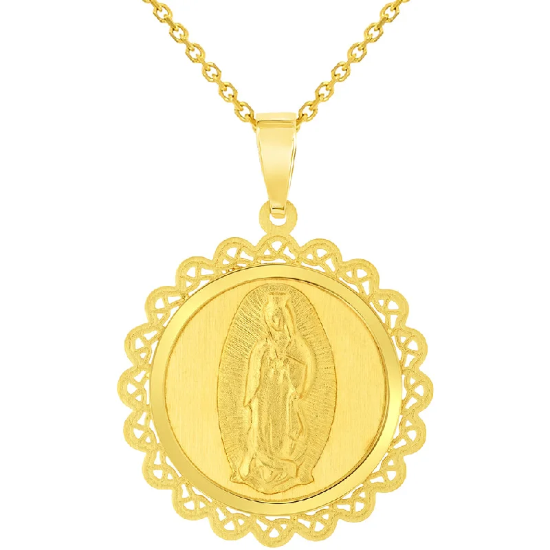 14k Yellow Gold Round Ornate Miraculous Medal of Our Lady of Guadalupe Pendant Necklace