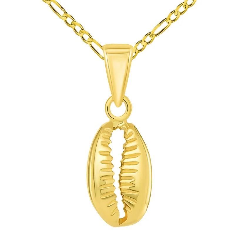 14k Yellow Gold Small 3D Seashell Charm Cowrie Shell Pendant with Figaro Chain Necklace