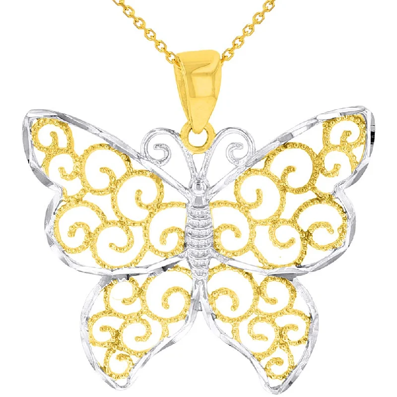 14k Yellow Gold Textured Filigree Style Butterfly Pendant Necklace