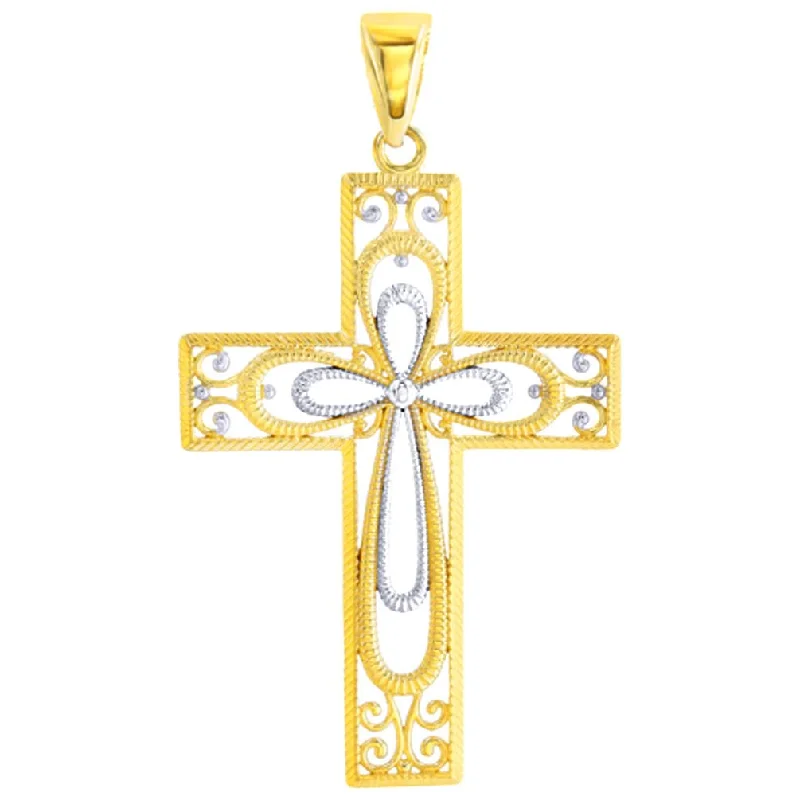 14K Yellow Gold Textured Milgrain Filigree Cross Pendant