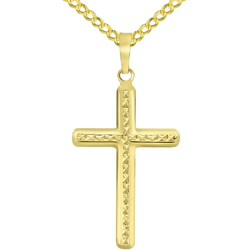 14k Yellow Gold Textured Religious Classic Cross Pendant Necklace