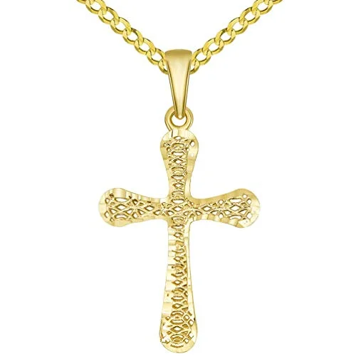 14k Yellow Gold Textured Rounded Edge 3-D Religious Cross Pendant with Rolo, Curb, or Figaro Chain Necklace