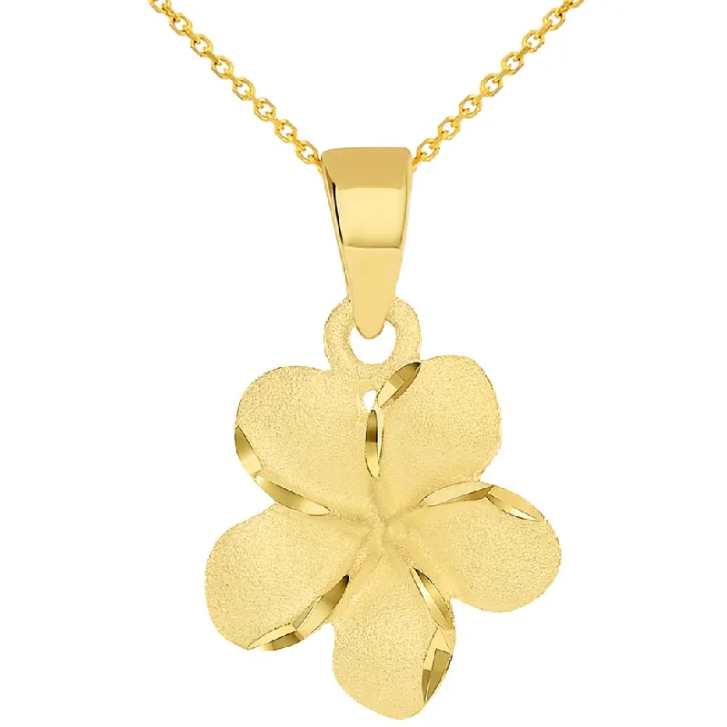 14k Yellow Gold Textured Small Hawaiian Plumeria Flower Charm Pendant Necklace