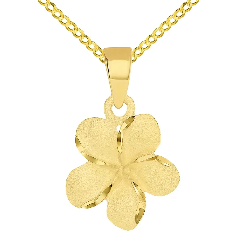 14k Yellow Gold Textured Small Hawaiian Plumeria Flower Charm Pendant with Cuban Chain Curb Necklace